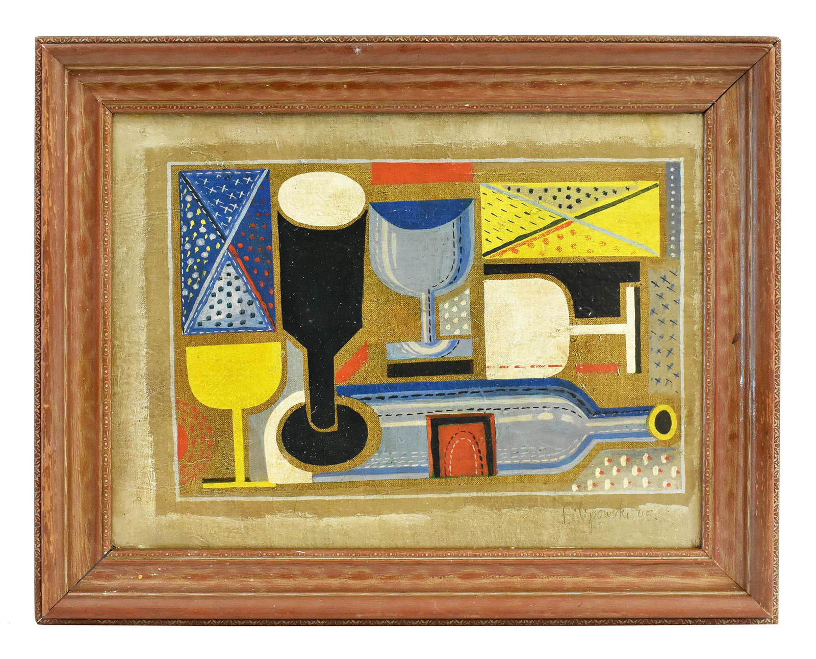 AMERICAN SCHOOL (20th Century): Still Life with Bottles and Glasses. Signed [Richard] Filipowski, dated 45. Oil on Artist Board. 12 by 16 in., overall 15.75 by 20 in.