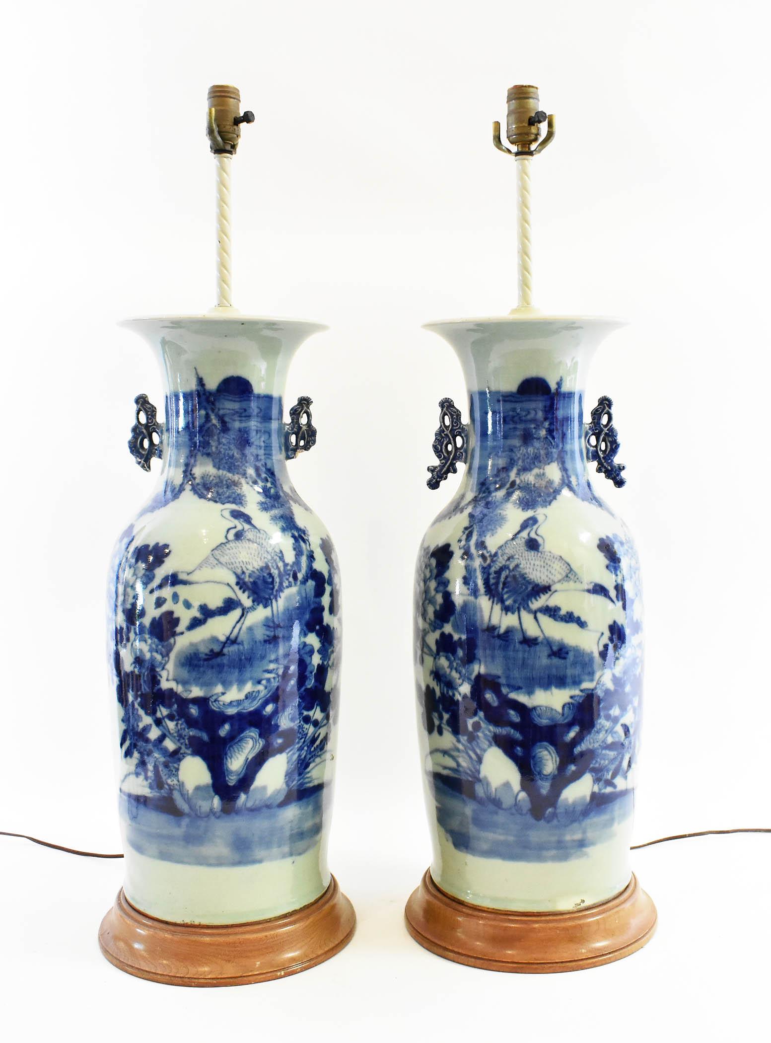 PAIR OF CHINESE BLUE DECORATED CELADON VASES, MOUNTED (1 of 6)