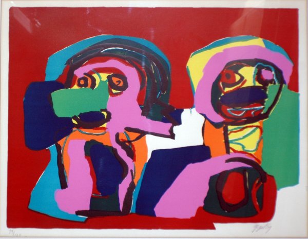 KAREL APPEL (American. Born 1921): KAREL APPEL (American. Born 1921) "2 Figures". Signed in pencil Appel and dated '69 l/r, No. 79/120 l/l. Lithograph. Measuring 21" by 26 1/2". Framed. (Cond: sheet loose, sheet measuring 22 1/4" by 30