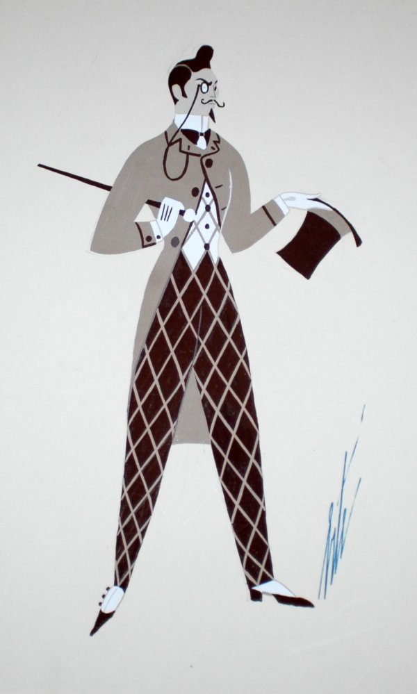 ROMAIN DE TIRTOFF ERTE (Russian/French. 1892-1990): ROMAIN DE TIRTOFF ERTE (Russian/French. 1892-1990) "Mr. John Hat His Limeon". Signed Erte l/r, verso bears artist's stamp, N. 7475, "Gonzaque" titled, dated 1945 and inscribed Opera de Ronen. Gouache.