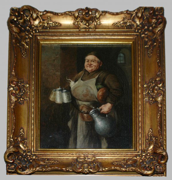 GERMAN SCHOOL (Late 19th/Early 20th Century): GERMAN SCHOOL (Late 19th/Early 20th Century) "Jolly Monk". Signed O. Kern l/l. Oil on Panel. Measuring 9 1/4" by 7". Framed. (Cond: good) (700/900)