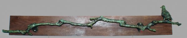 ILANA GOOR (Israeli. 20th Century): ILANA GOOR (Israeli. 20th Century) Wall sculpture with bird and branches. Bronze with verdigris patina. Signed "Goor" on bird. Bird measures 8" high. Longest branch 63" and other branches are 26" and 