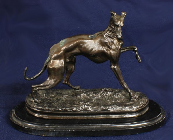 AFTER PIERRE JULES MENE (French. 1810-1879): AFTER PIERRE JULES MENE (French. 1810-1879) "Whippet". Cast signature. Bronze with Brown Patina. Height 7 1/4". Mounted on a marble base. (500/700)