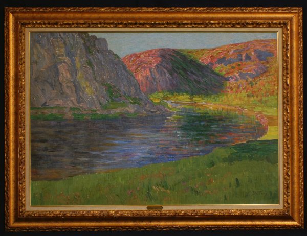 LEON DeTROY (French. 1857-1955): LEON DeTROY (French. 1857-1955) "Confluent de la Creuse". Signed L. DeTroy l/r. Oil on Canvas. Measuring 27" by 38 1/2". Carved frame. (Cond: good) Provenance: Wally Findlay Galleries, Palm Beach. (10
