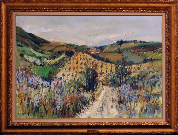 YOLANDE ARDISSONE (French. Born 1927): YOLANDE ARDISSONE (French. Born 1927) "Le Campagne de Montesquieu". Signed Ardissone l/l. Oil on Canvas. Measuring 25" by 36". Carved frame. Provenance: Wally Findlay Galleries, Palm Beach. (3000/5000