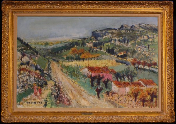 YOLANDE ARDISSONE (French. 1872-): YOLANDE ARDISSONE (French. Born 1927) "Les Baux de Provencde". Signed Ardissone l/l. Oil on Canvas. Measuring 24" by 36". Giltwood rococo carved frame. (Cond: good) (3000/5000)