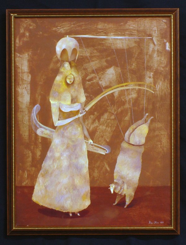 ELSA MORA (Cuban. Born 1971): ELSA MORA (Cuban. Born 1971) "Analisis Tardio". Signed and dated 1997 l/r. Verso signed, titled and dated 1997 in pen on canvas Acrylic on Canvas. Measuring 23 1/2" by 17 1/2". Framed. (Cond: good) (3