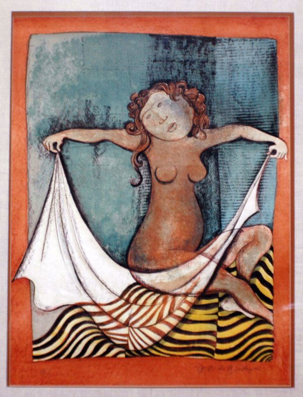 GRACIELA RODO BOULANGER (Bolivian. Born 1935): GRACIELA RODO BOULANGER (Bolivian. Born 1935) "Virgo". From the Signs of the Zodiac Suite. Signed and numbered LV/C in pencil. Embossed Color Lithograph. Sight measuring 29 1/4" by 21 1/4". Framed. (C