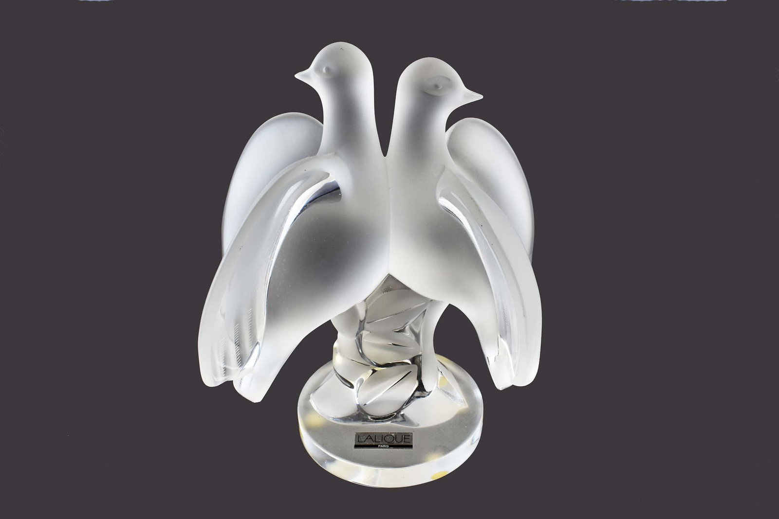 LALIQUE FROSTED GLASSN ARIANE DOVES: 8.5 in. high. Etched signature, bearing Lalique Made in France labels.