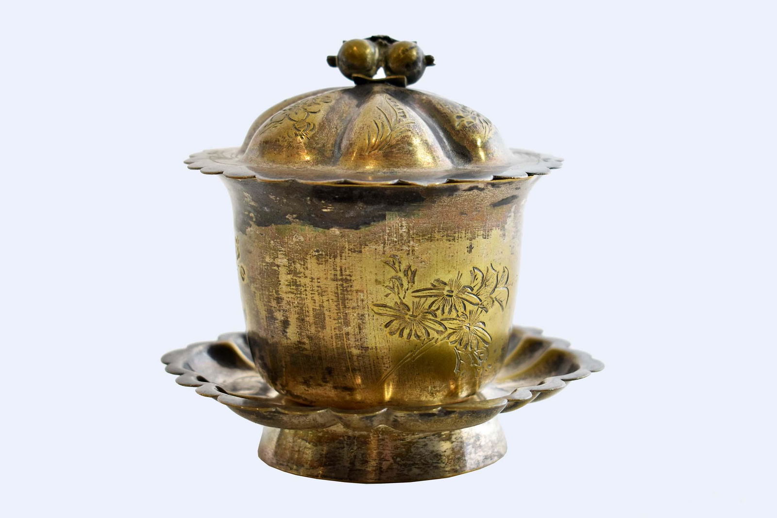 CHINESE SILVER PLATE COVERED CUP ON STAND (1 of 8)