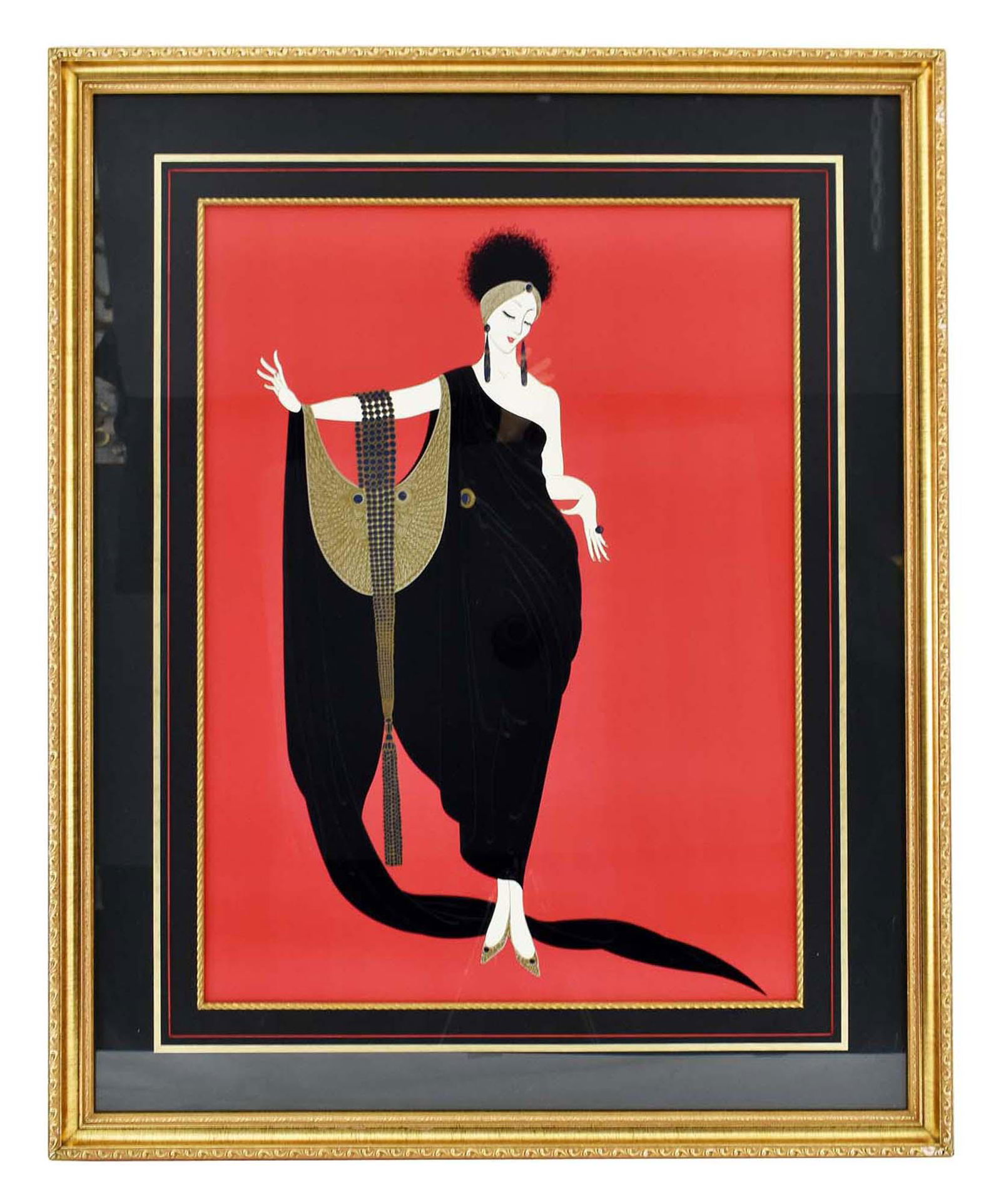 ERTE (Romain de Tirtoff. Russian. 1892-1989): Woman in Black, on a Red Ground. Color Print on Cardstock. No visible signature. Sight 31 by 22.5 in. overall, in a gilt frame 43 by 35 in.