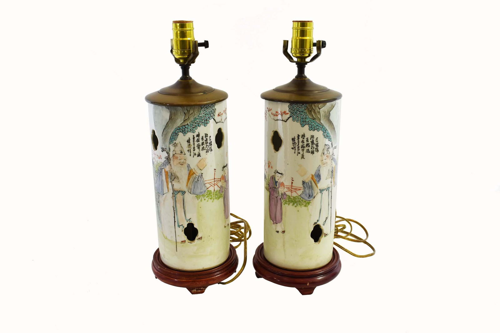 PAIR OF CHINESE PORCELAIN WIG STANDS MOUNTED AS LAMPS (1 of 4)