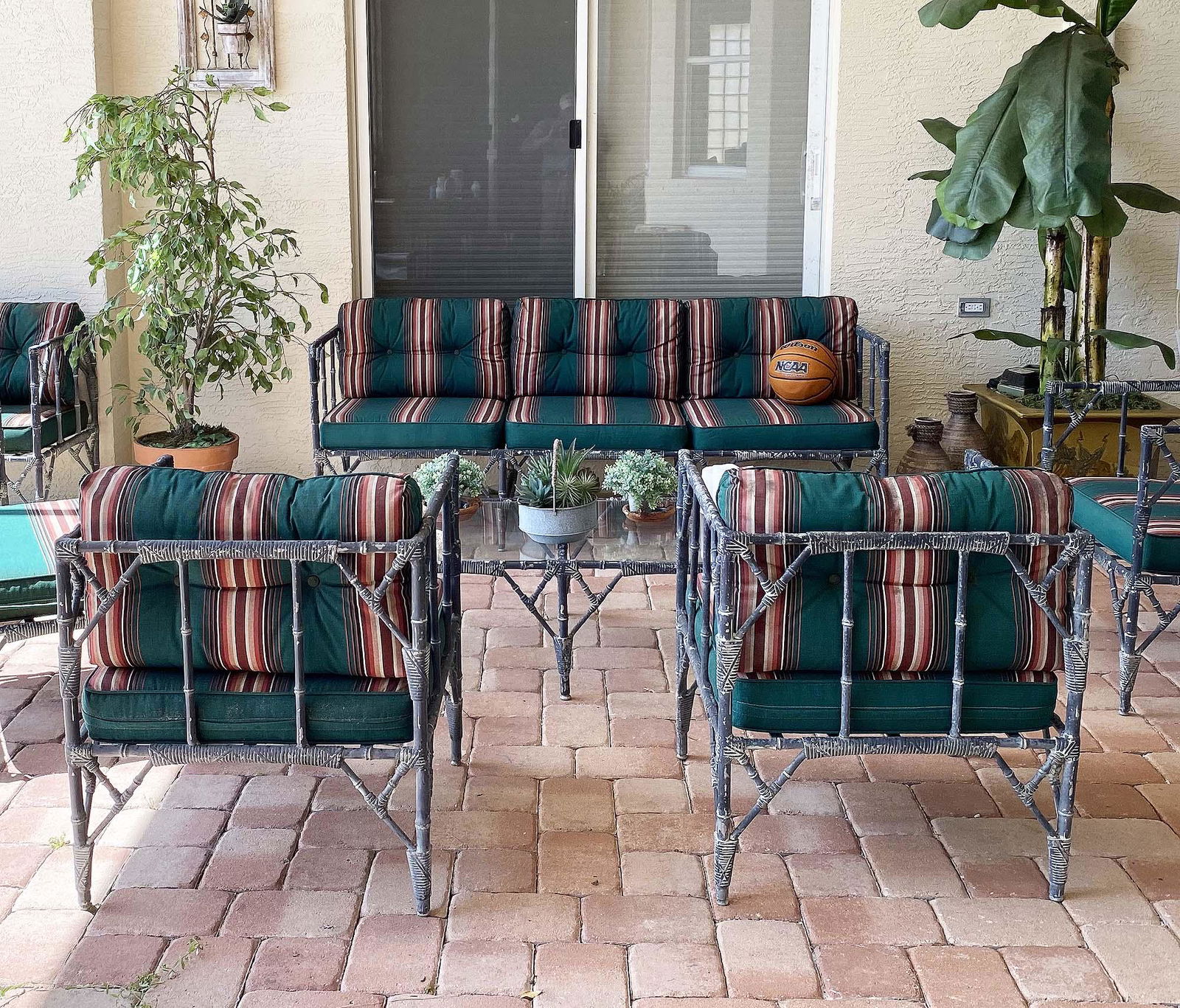 SUITE OF FAUX RATTAN-TIED BAMBOO METAL PATIO FURNITURE (1 of 9)