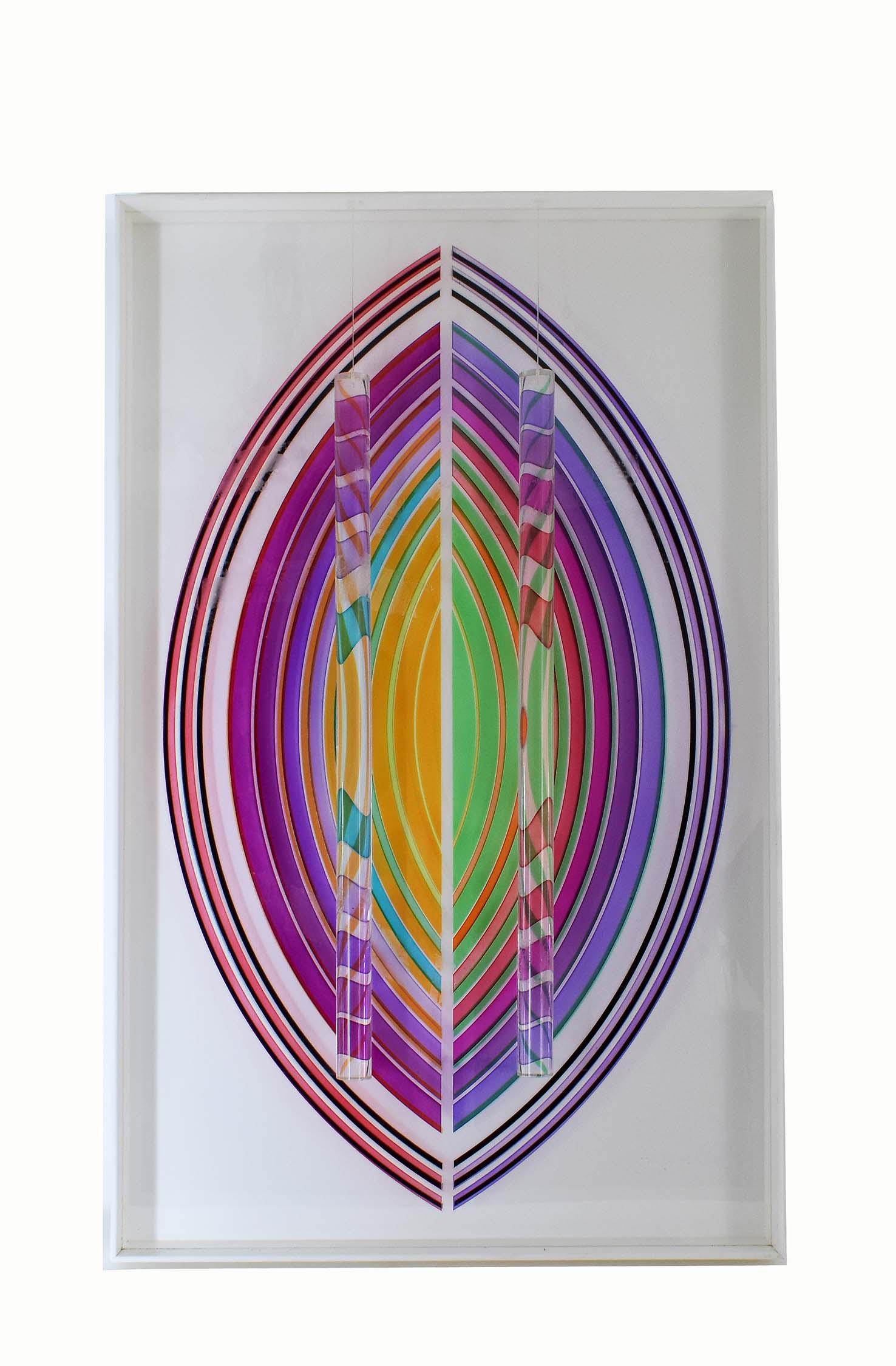 LEONARD JANKLOW (American. 1919-2006) WALL ART: Untitled. Signed on the reverse, numbered 1/9. Mixed Media, Plexi with colored strips. 45.5 by 28 in.