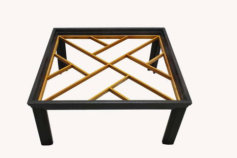 PAUL FRANKL EBONIZED SIDE TABLE: Square with an open trellis on straight legs, supporting a (now lacking) glass top. Height 16 in., Width 36.5 in.