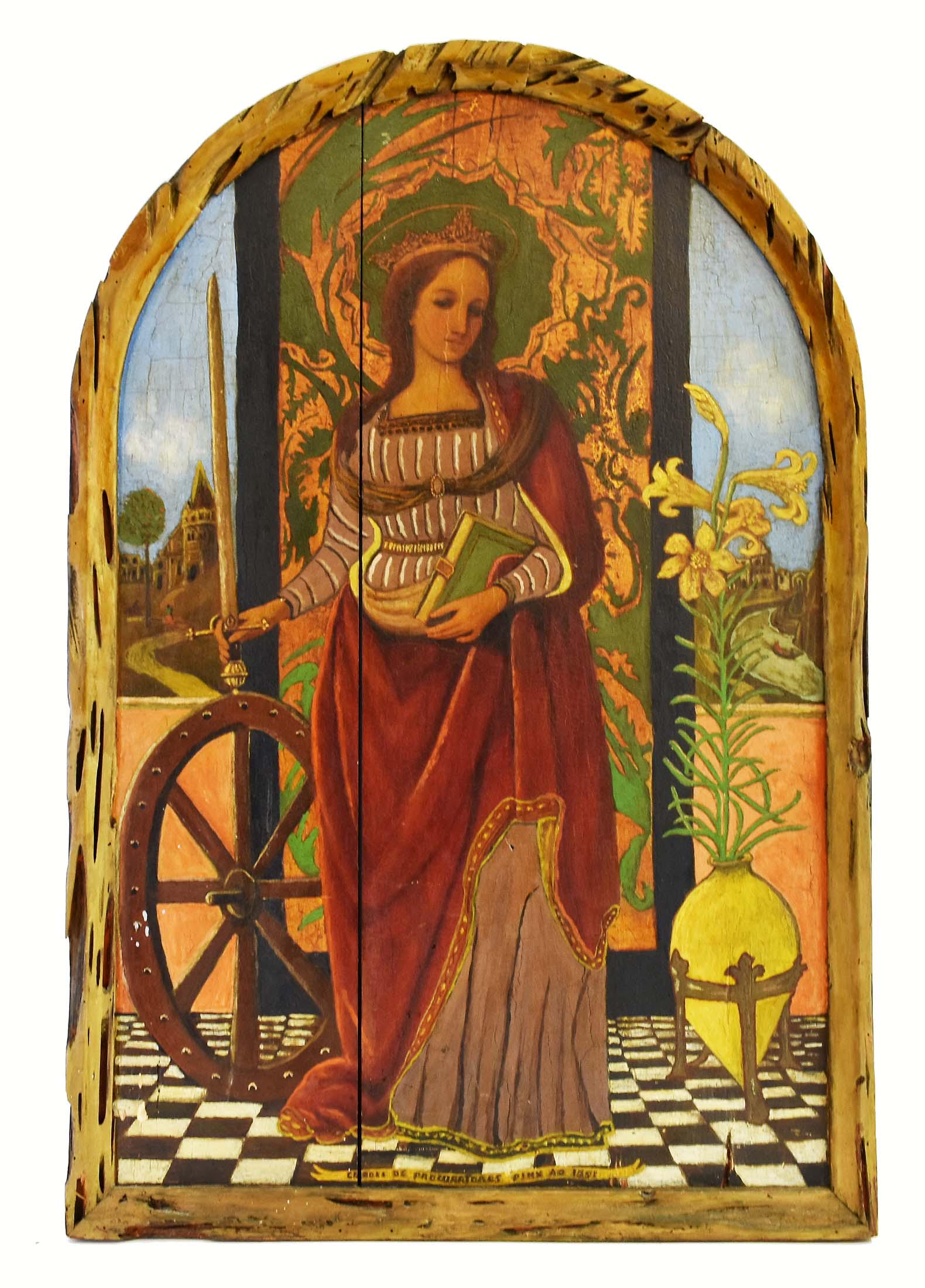 LARGE ANTIQUE ARCHED WOOD PAINTED PANEL OF A WOMAN (1 of 6)