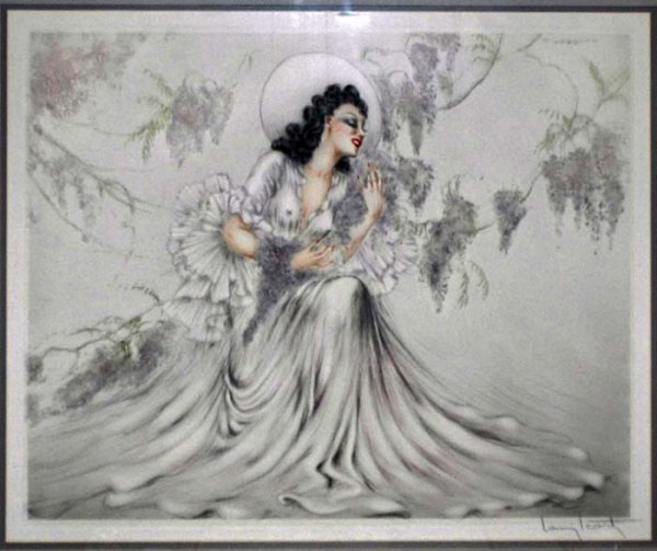 LOUIS ICART (French. 1888-1950): "Wisteria". Signed in pencil. Copyright 1940 by L. Icart, N.Y. Drypoint Etching with Aquatint. Image measuring 18" by 21 1/2". Sheet measuring 21 3/4" by 30". Framed. (Cond: overall very good with lig