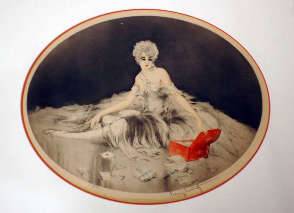 LOUIS ICART (French. 1888-1950): "Love Letters". Signed in pencil Artist's Proof. Copyright 1926 Les Gravures Moderne, Paris. Windmill blindstamp l/l. Drypoint Etching with Aquatint. Oval image measuring 14" by 18 1/2". Framed. (Cond