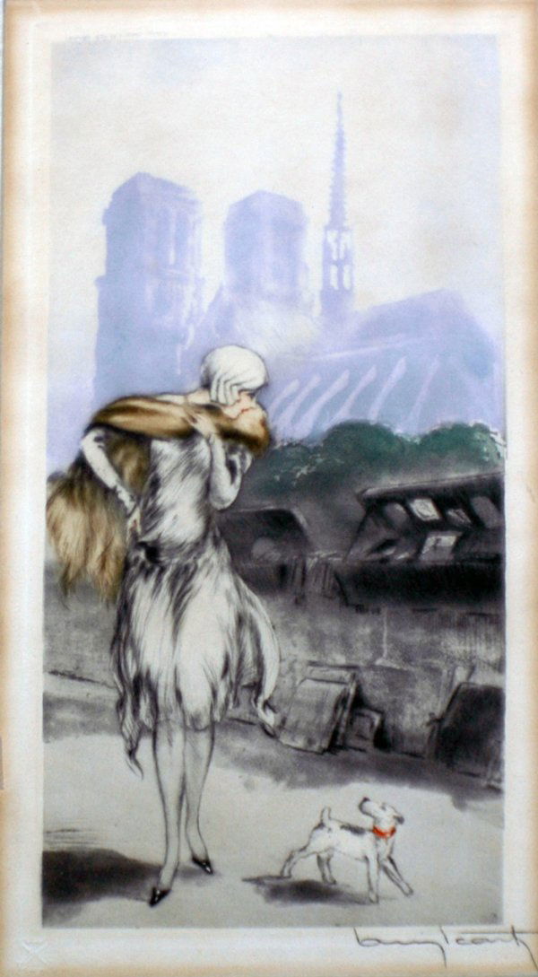 LOUIS ICART (French. 1888-1950): "Untitled". Signed in pencil. Copyright 1929 by L. Icart, Paris. Windmill blindstamp l/l. Drypoint Etching with Aquatint. Image measuring 13" by 6 1/4". Framed. (Cond: has margins, some fading, otherw