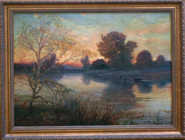LOUIS ASTON KNIGHT (American. 1873-1948): "Paysage a' Cagnes". Signed Aston Knight and inscribed Paris l/r. Verso bears period label with title and artist's name. Oil on Board. Measuring 10" by 24". Framed. (Cond: surface has very heavy varni
