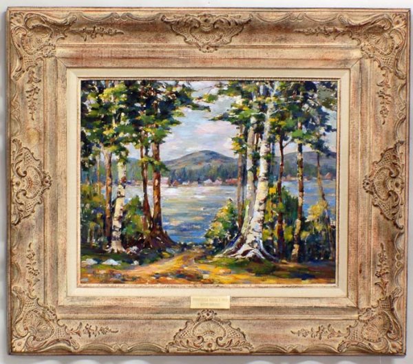 PETER BELA MAYER (American. Born 1888): "White Birches". Signed l/l. Oil on Board. Measuring 16" by 20". Framed. (Cond: good) (1200/1600)