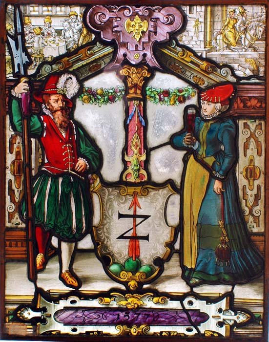 RARE STAINED GLASS PANEL: From Von Gerichten Art Glass Co., Columbus, Ohio and Munich, Germany. 19th Century. Depicting a Renaissance dressed couple framed by an armorial crest with the letter "Z" and arrow. Together with thre