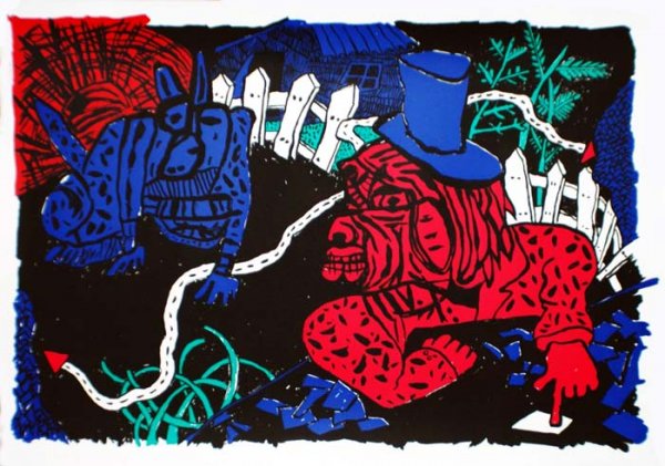 JOHN HIMMELFARB (American. Born 1946): "No Danger/No Delay". Signed, titled, dated 1984 and inscribed Presentation Proof in pencil in the lower margin. Color Screenprint. Image measuring 26 1/4" by 39 1/2". Sheet measuring 30 1/4" by 42 1/