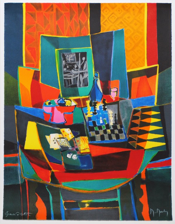 MARCEL MOULY (French. Born 1918): "Still Life, Articles on a Table". Signed in crayon M. Mouly and inscribed Epreuve d Artist. Lithograph in Color. Measuring 31 3/4" by 24". Unframed. (Cond: sheet loose, full margins)