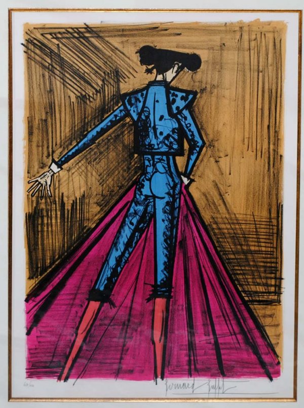 BERNARD BUFFET (French. 1928-1999): "Matador in Blue". Signed in pencil Bernard Buffet and No. 47/150. Lithograph in Color. Measuring 29" by 20 1/2". Framed. (Cond: sheet hinged with tape)