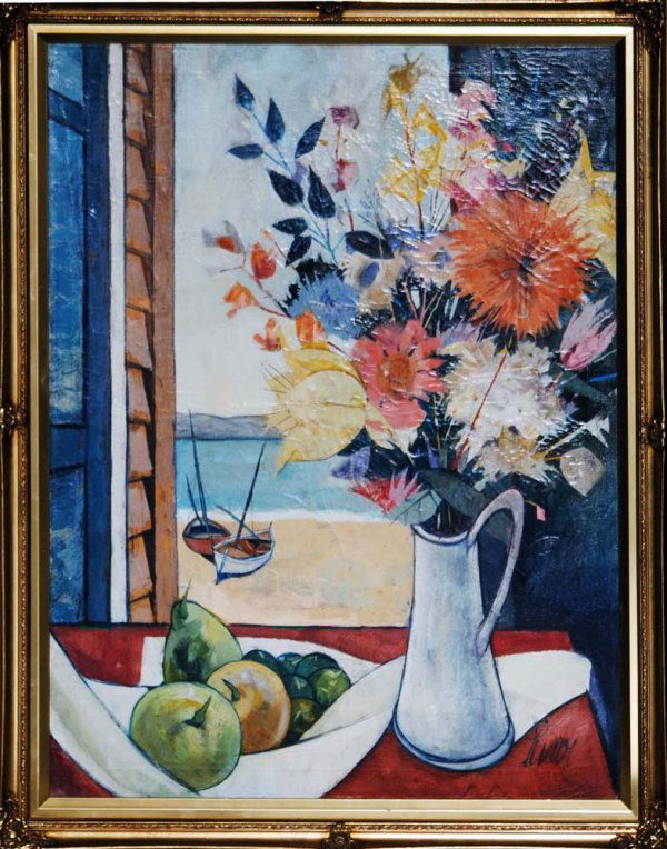 CHARLES LEVIER (French. Born 1920): "Fleurs Sauvages". Signed Levier l/r, titled and signed on the reverse. Oil on Canvas. Measuring 40" by 30". Framed.(Cond: good)