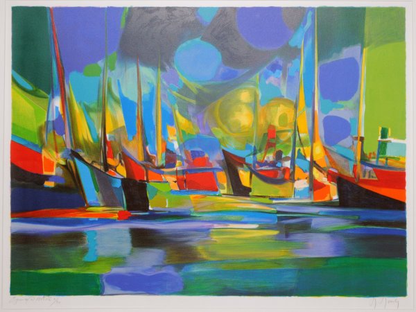 MARCEL MOULY (French. Born 1918): "Harbour Scene". Signed in pencil M. Mouly, inscribed Epreuve d Artist and No. 3/30. Lithograph in Color. Measuring 26 1/2" by 34 1/2". Unframed. (Cond: loose sheet, full margins)