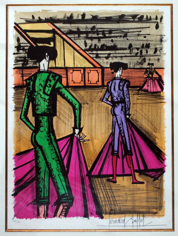 BERNARD BUFFET (French. 1928-1999): "Matador in Green". Signed in pencil Bernard Buffet and No. 47/150. Lithograph in Color. Measuring 29" by 20 1/2". Framed. (Cond: sheet hinged with tape)