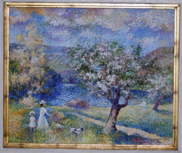 LUCIEN NEUQUELMAN (French. 1909-1988): "A Fille, Paysage de Printemps". Signed L. Neuquelman l/r, also titled and signed on the reverse. Oil on Canvas. Measuring 21 1/4" by 25 3/4". Framed. (Cond: good)