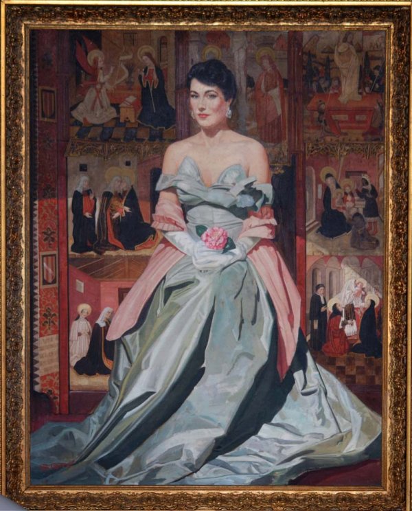 AMERICAN SCHOOL (20th Century) : "Portrait of a Seated Lady before a Renaissance Altar". Signed "Stotte" l/l. Oil on Canvas. Measuring 44" by 34". Framed. (Cond: surface dirty with minor scuffs, could use cleaning)