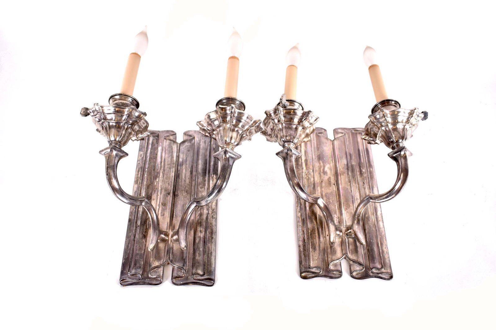 PAIR OF SILVERED METAL TWO-LIGHT SCONCES (1 of 5)
