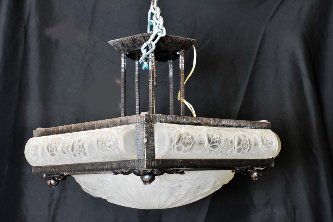 ART DECO WROUGHT IRON & FROSTED GLASS CEILING FIXTURE (1 of 5)