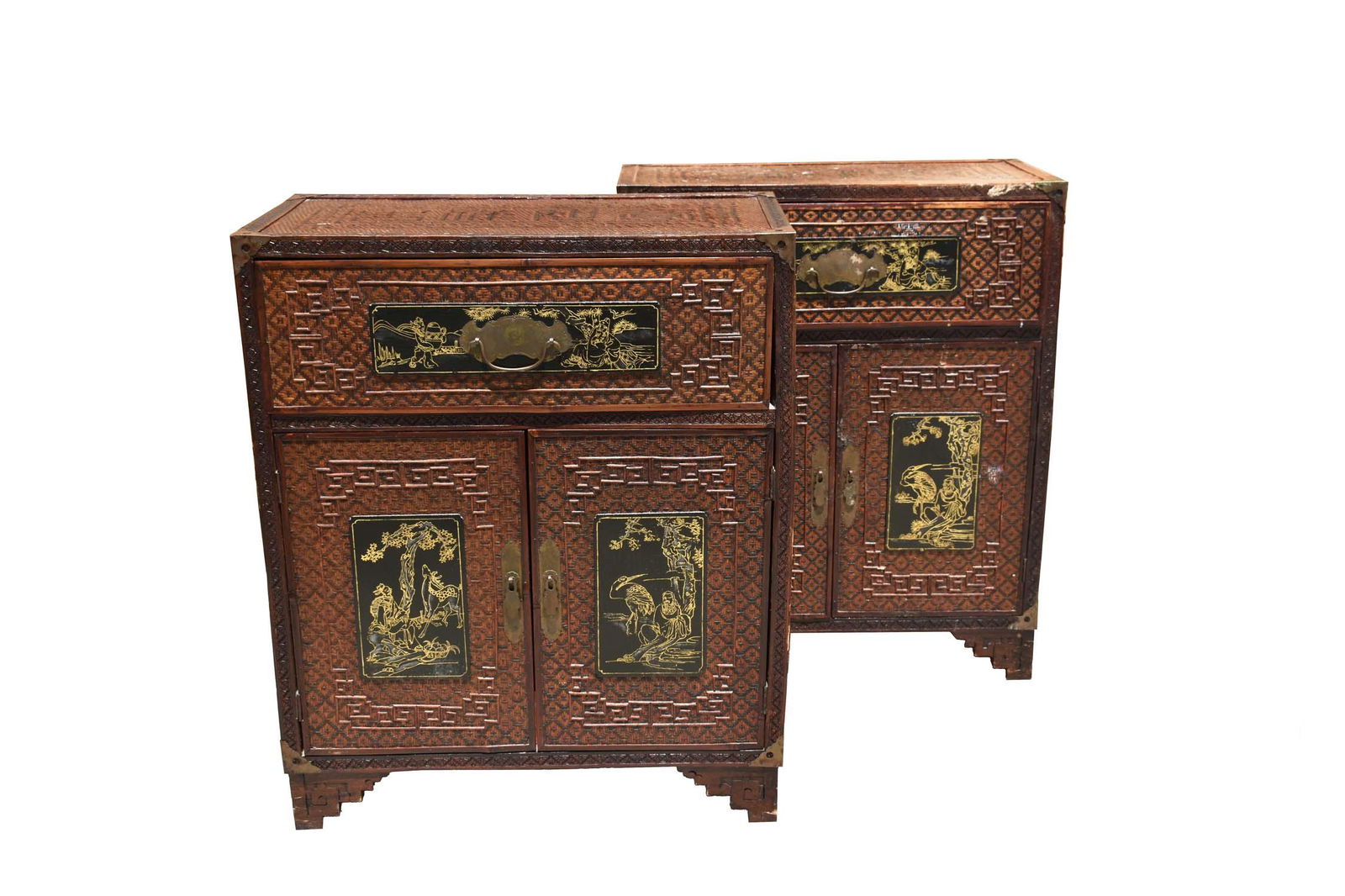 PAIR CHINESE LACQUER-INSET RATTAN BEDSIDE CHESTS (1 of 7)