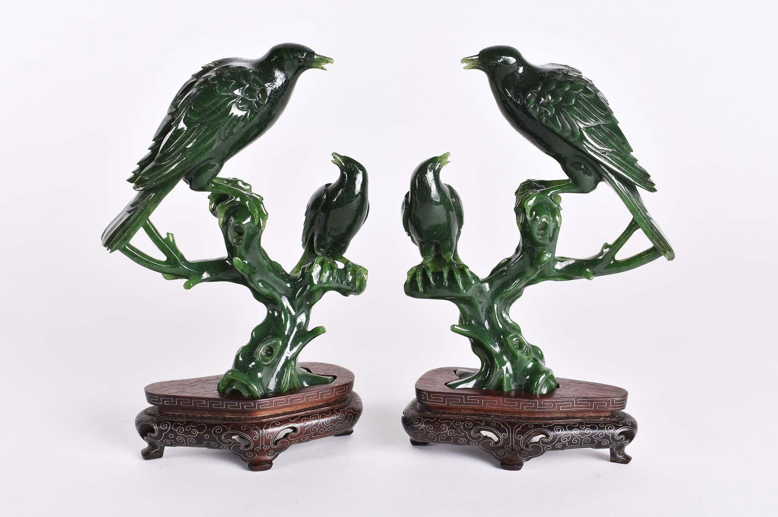 PAIR OF CHINESE SPINACH JADE BIRD GROUPS (1 of 4)