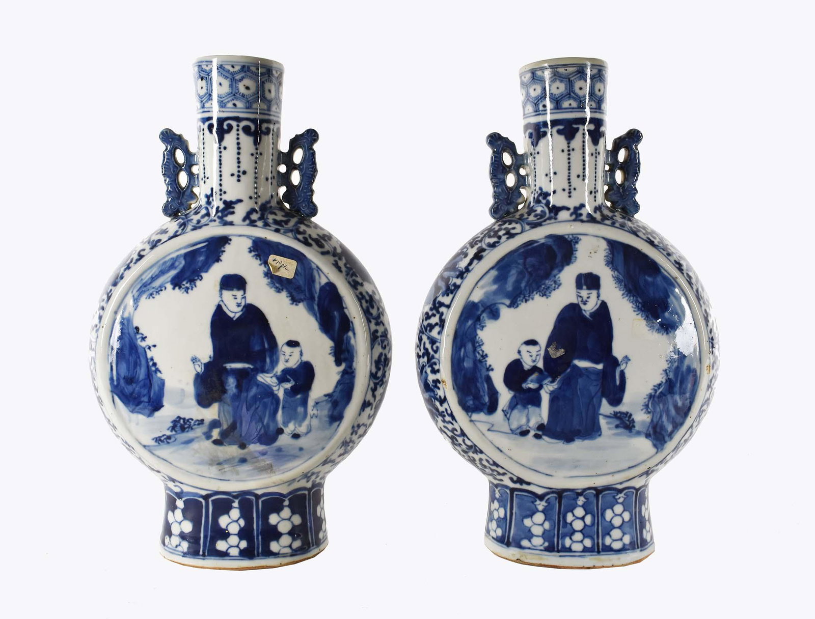 PAIR OF CHINESE BLUE & WHITE PORCELAIN MOON FLASK VASES: Bearing a four-character mark in underglaze blue. Each with double-scrolled handles on the neck, the bodies reserved and decorated with a scholar and his student, within a lower lappet border, the nec