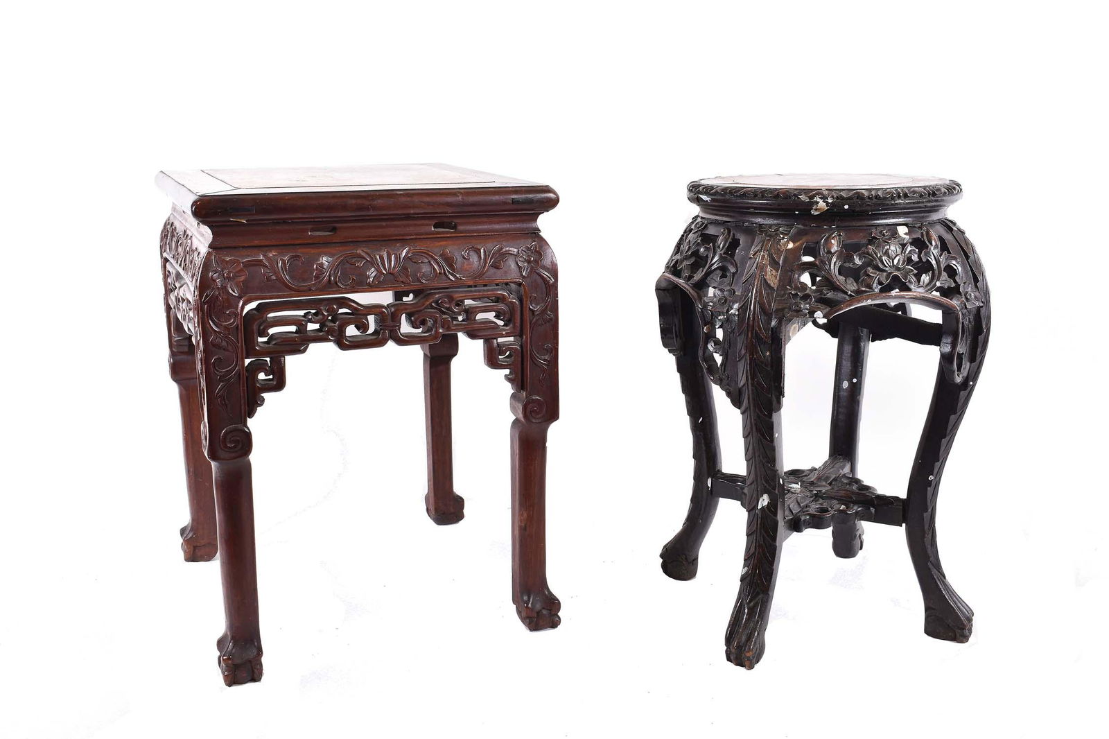 TWO CHINESE MARBLE INSET HONG MU STOOLS (1 of 8)
