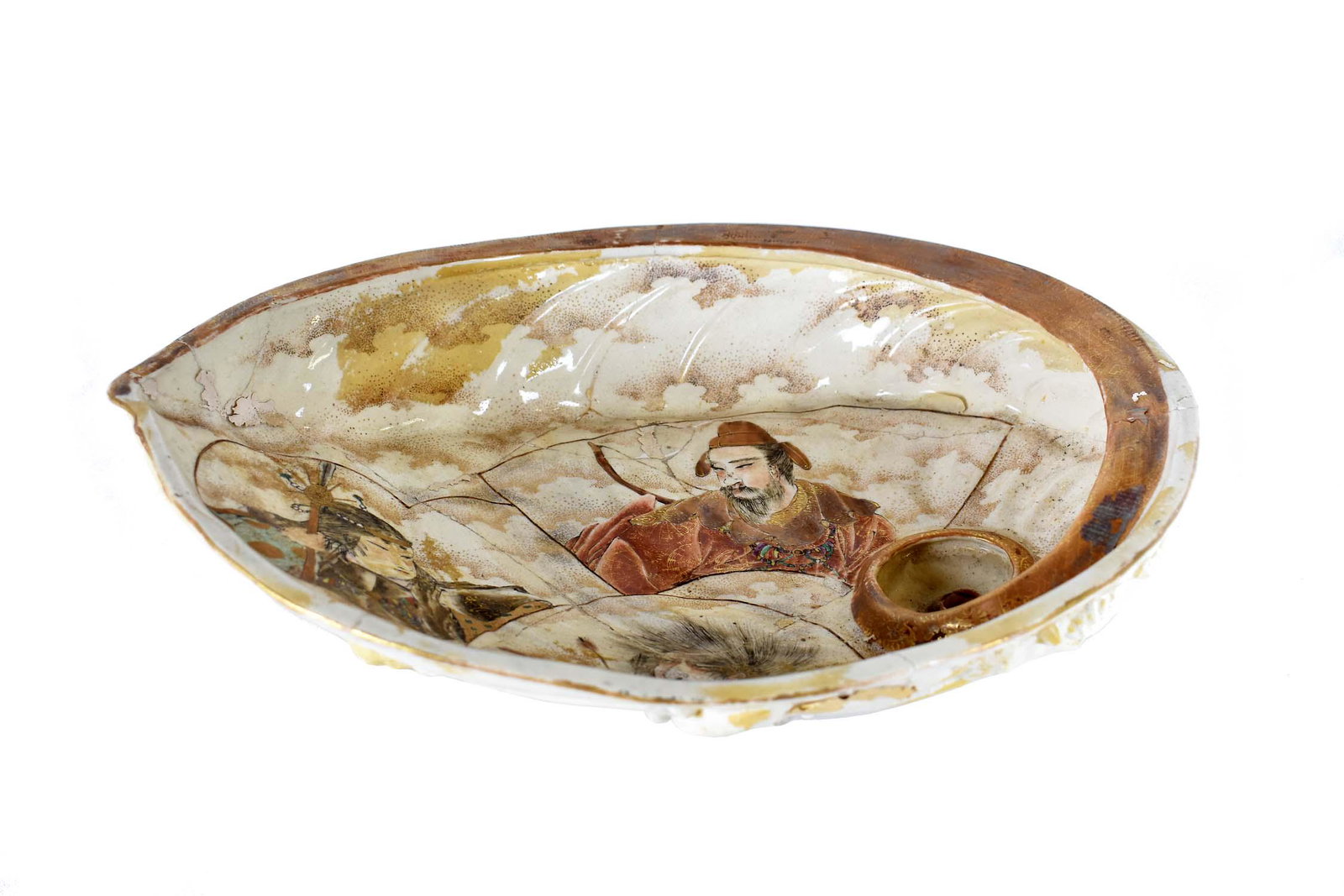 JAPANESE SATSUMA GIANT CLAM-FORM BOWL: Probably Meiji. Painted with Samurai. Height 4 in. Width 16 in. Depth 13 in. (Cond: restored)
