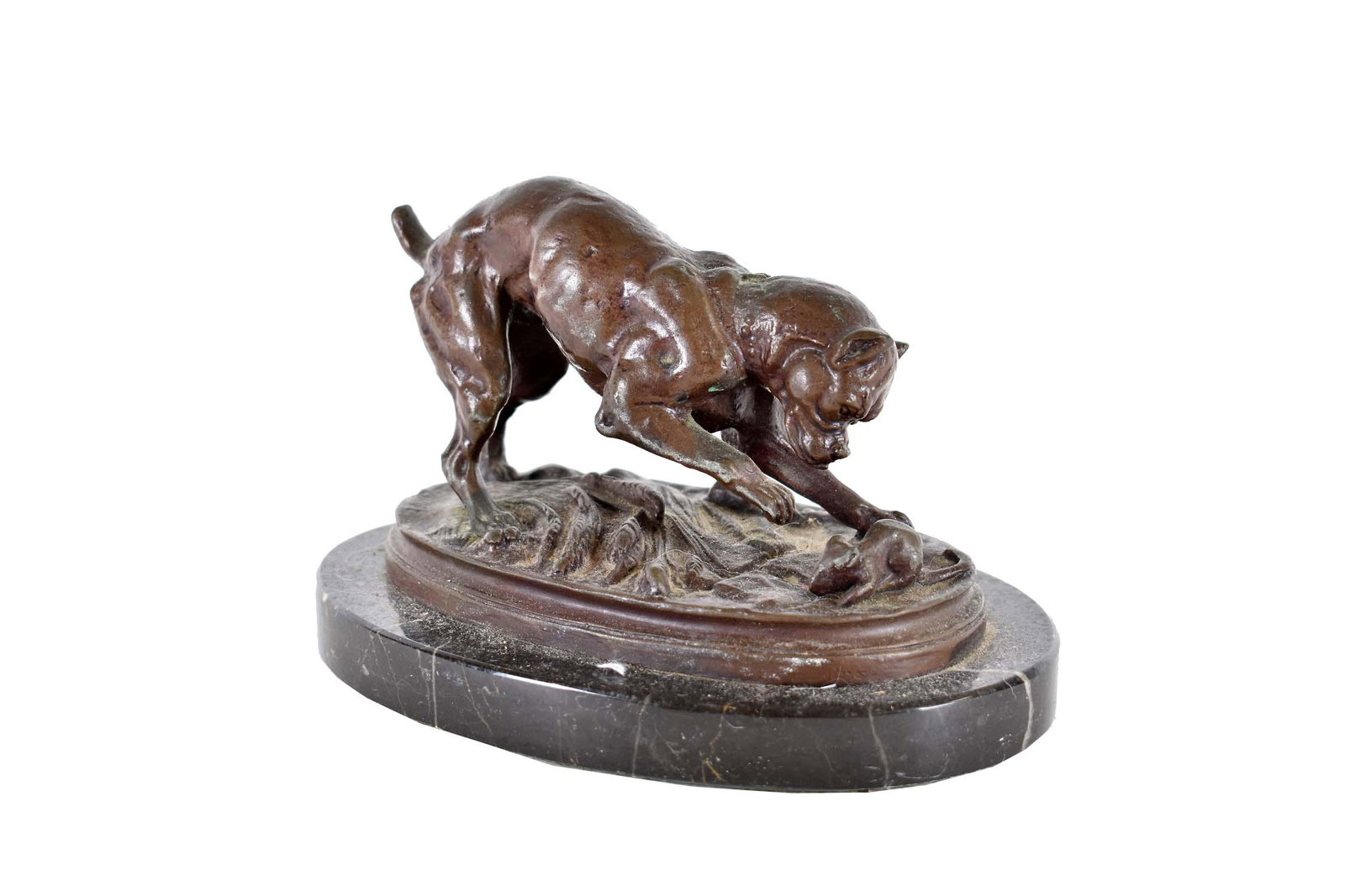 AFTER ANTOINE LOUIS BARYE (French. 1795-1875) BRONZE OF: Signed left mound. Patinated Bronze, Brown Patina, on a marble base. Height 4 in. Width 5.5 in. Height overall 5.25 in.