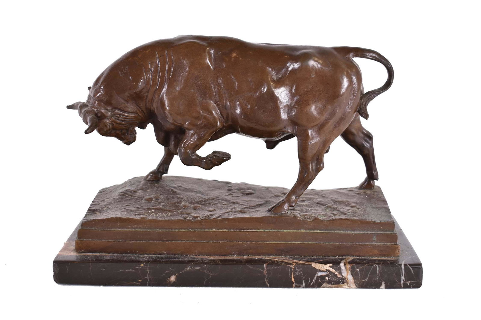 AFTER ANTOINE LOUIS BARYE (French. 1795-1875) BRONZE OF: Signed Barye on the mound. Patinated Bronze, Brown Patina, on a marble base. Height of bronze 6 in. Width 10.5 in. Height overall 7 in.