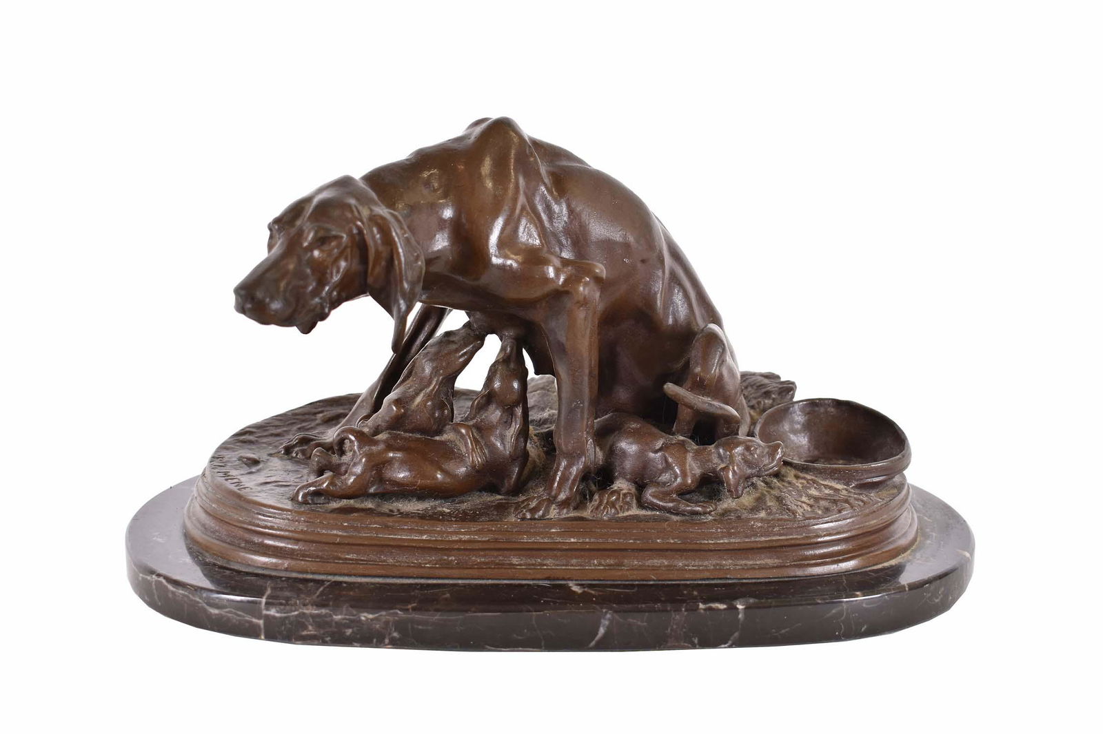 AFTER PIERRE JULES MENE (French. 1810-1879) POINTER: Signed on the base. Patinated Bronze, Brown Patina, on a marble plinth. Height of bronze 7.75 in. Width 12 in. Height overall 8.75 in.