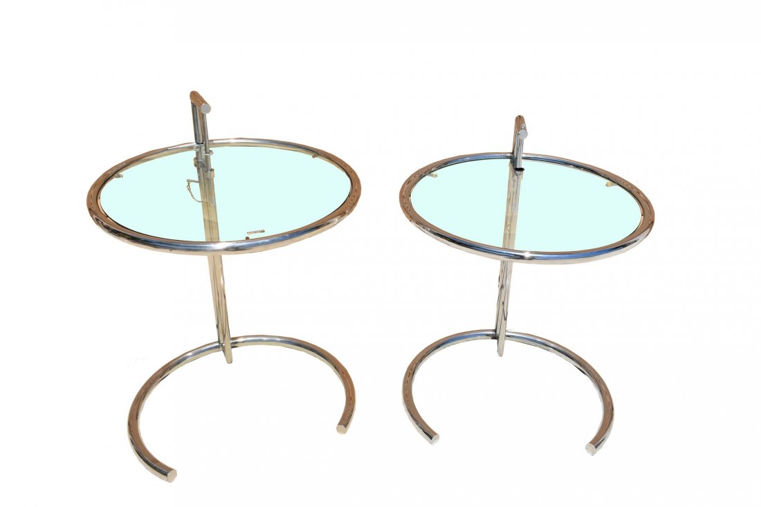 PAIR GLASS AND CHROME ADJUSTABLE SIDE TABLES (1 of 4)