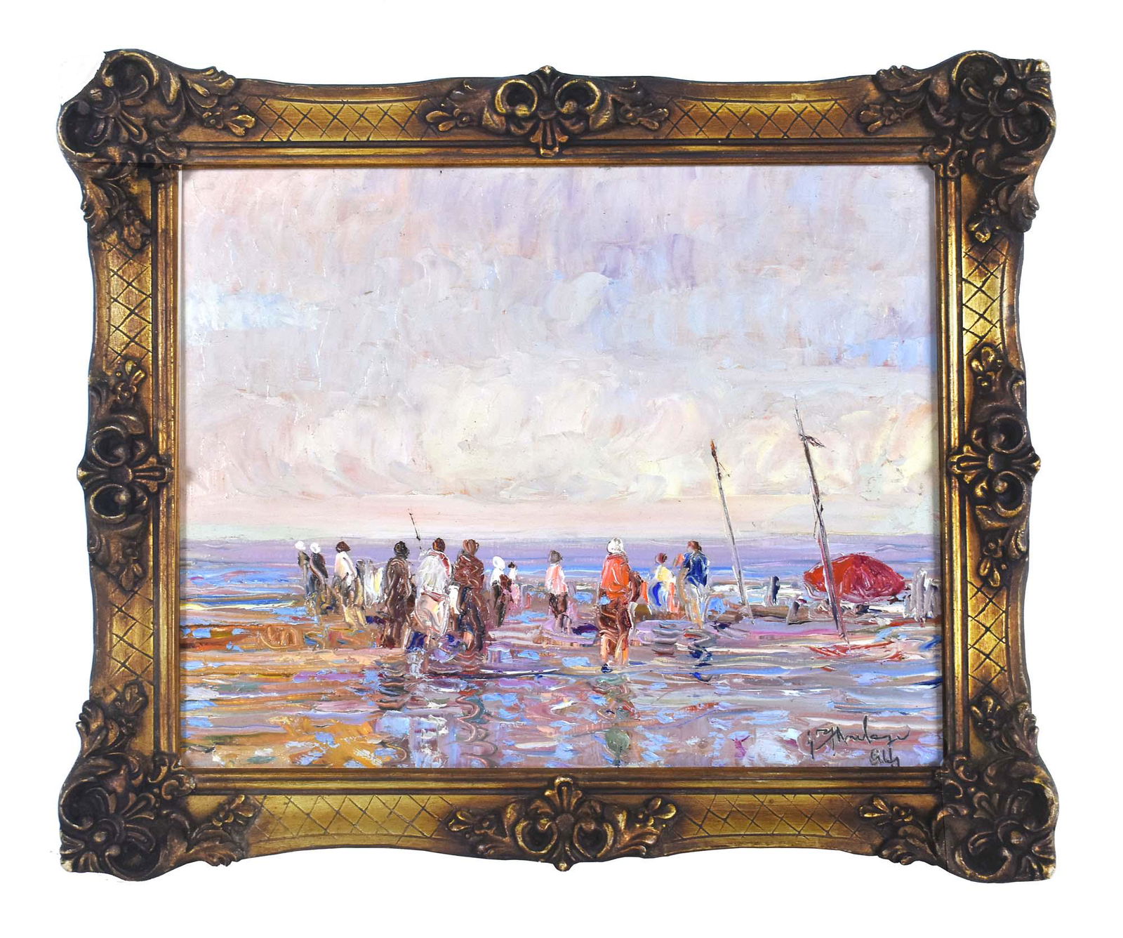 EUROPEAN SCHOOL (20th Century): Figures on a Beach. Signed indistinctly l/r. Oil on Masonite. 9.5 by 12 in., overall, 12.54 by 14.5 in. (Cond: losses to frame)