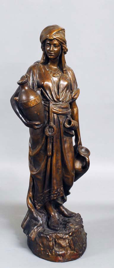 TERRA COTTA COLORED PLASTER FIGURE OF A WATER CARRI: European. Impressed 481. The classical maiden carrying two amphoras. Height 24 1/4". (250/350)