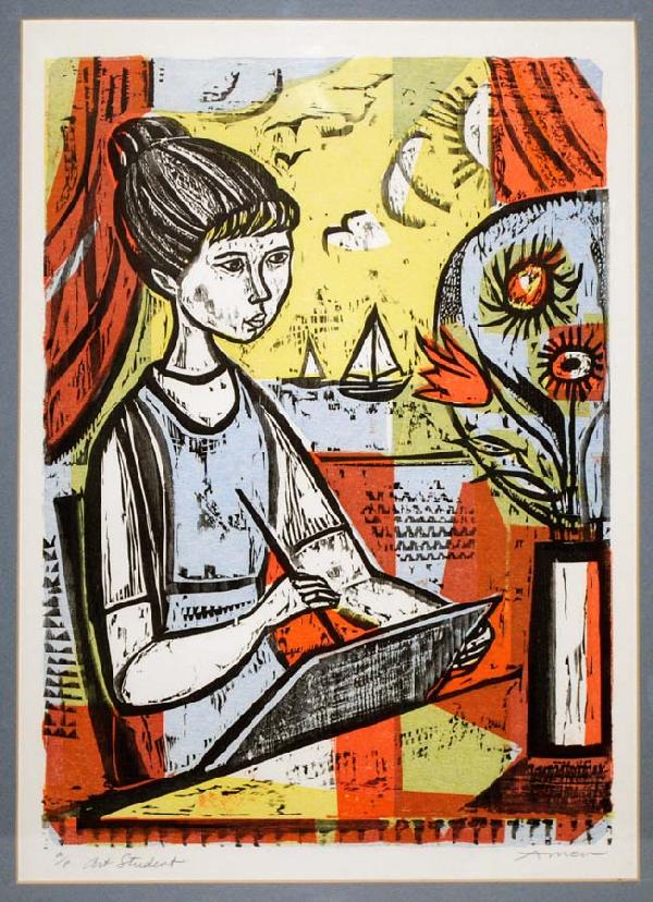 IRVING AMEN (American. 1918-2007): "Art Student" Signed Artist's Proof. Color Lithograph. Image measuring 17" by 12". Has full margins. Framed. (Cond: good) (150/200)