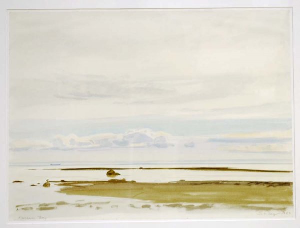 REEVE SCHLEY (American. Born 1936): "Freighter at Low Tide". Signed Schley and inscribed "Murray Bay" in pencil. Watercolor on Paper. Measuring 17" by 23". Framed. (Cond: good) Provenance: Graham Modern, N.Y. (300/400)