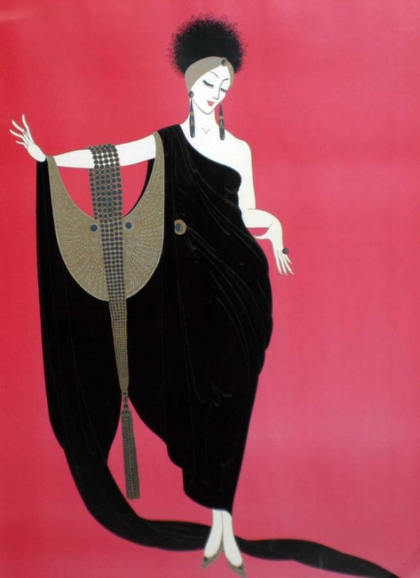 ERTE, ROMAINE DE TIRTOFF (Russian/French. 1892-199: "Glamour". Signed Erte l/r and No. 168/300. Embossed Serigraph with Foil Stamping. Image measuring 31 5/8" by 22 3/4". Issued in 1985. Published by Chromacomp, New York. In black lacquer frame. (500/7
